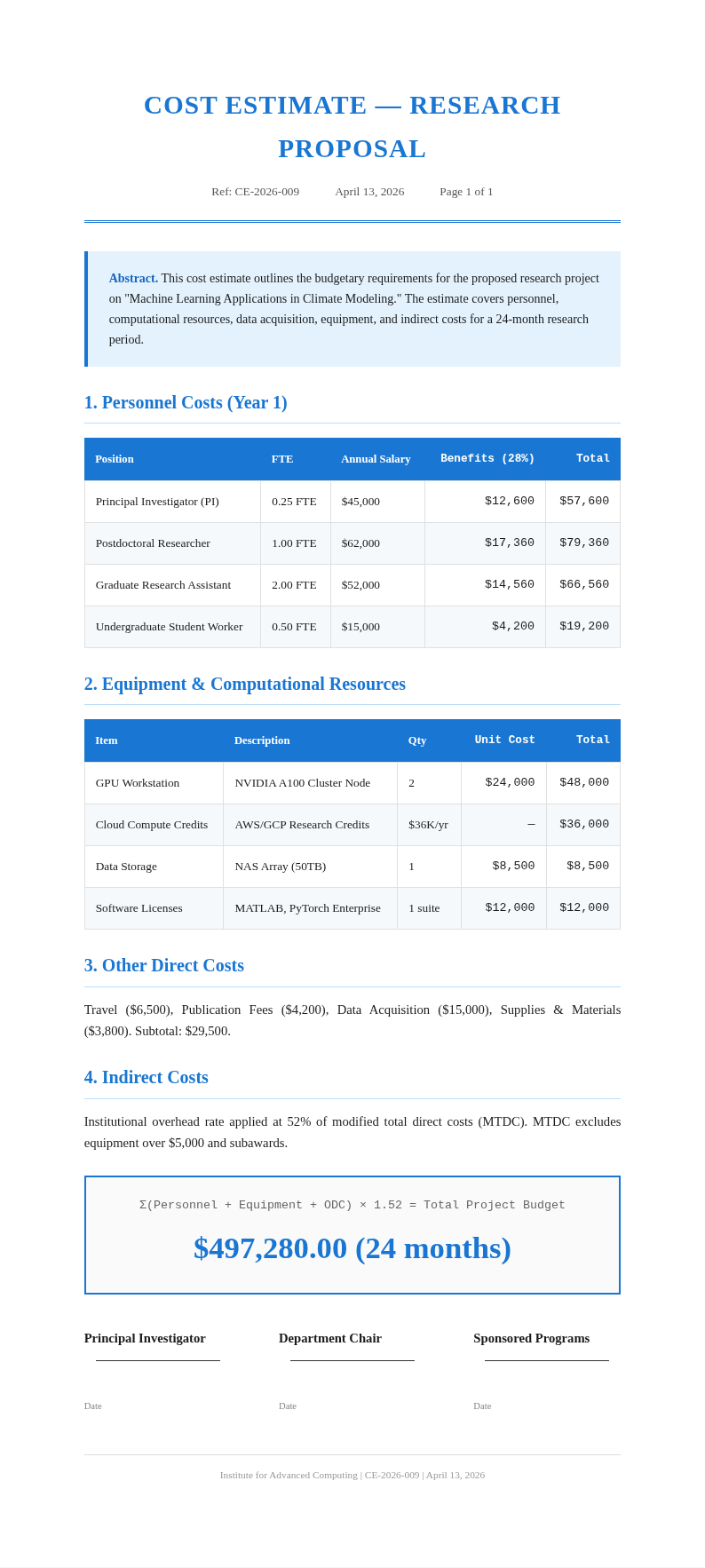 Technical research cost estimate